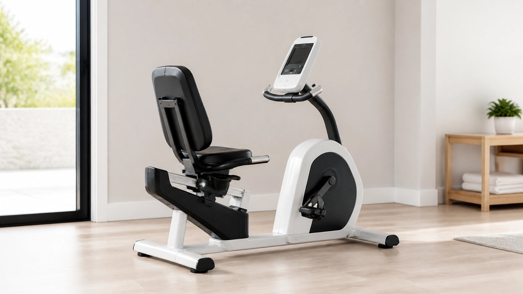 Comfortable recumbent exercise bike in a bright home workout space