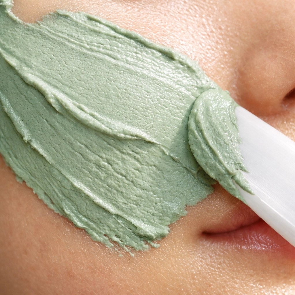 Applying mineral-rich green clay mask for a natural skin detox and healing facial treatment.