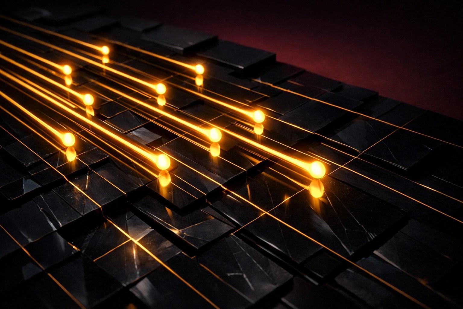 Gold light trails on a dark grid symbolizing rapid decision velocity and executive decision-making momentum.