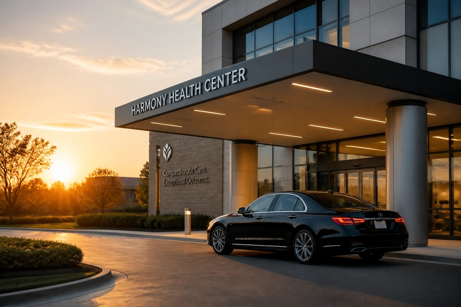 Reliable black sedan parked at a modern medical center entrance for a stress-free travel transfer.