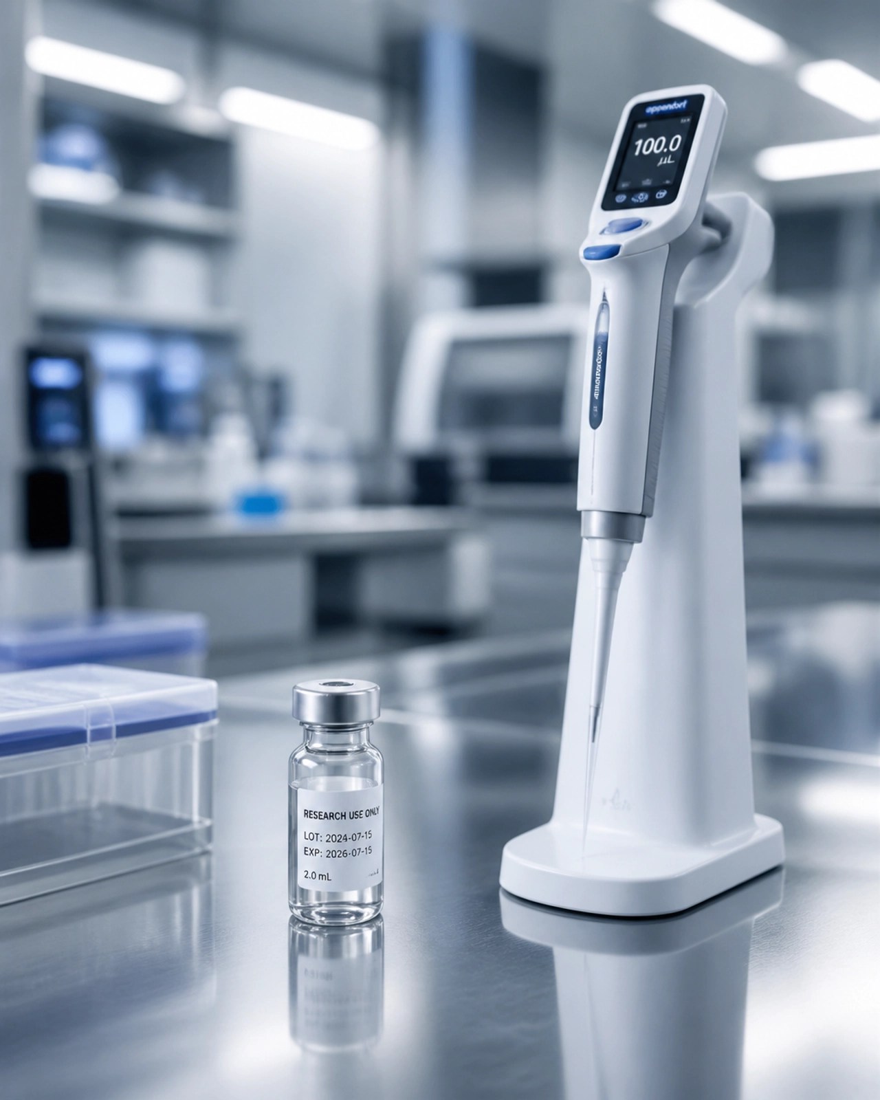 High-tech laboratory setting with a precision pipette and a small research vial
