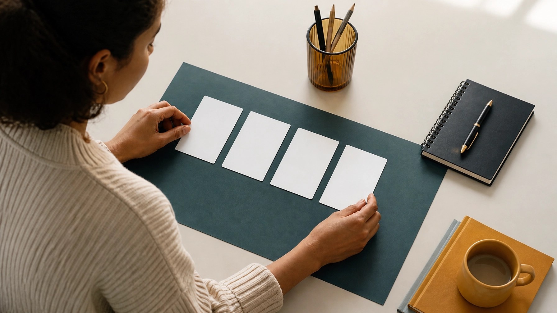 A student arranging blank interview story cards on a desk beside a notebook
