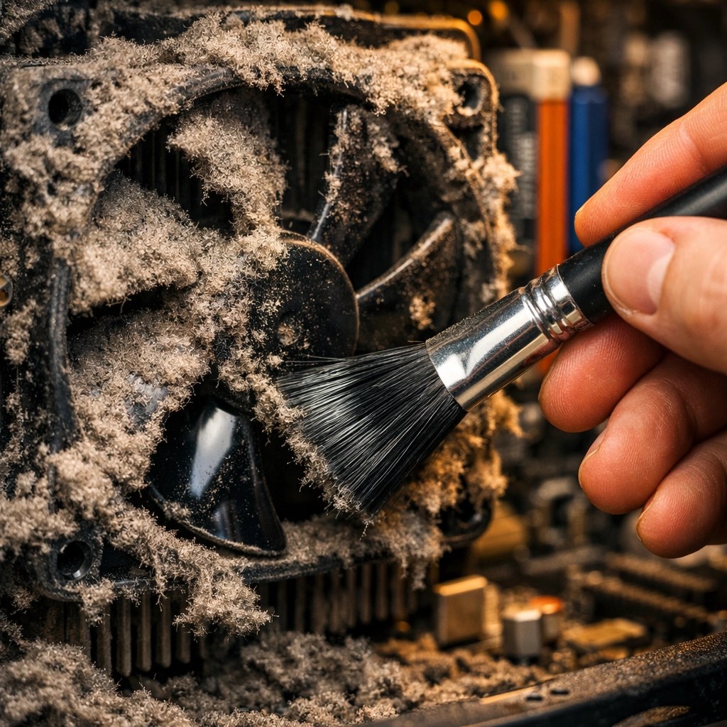 Expert computer repair technician cleaning a dusty PC fan to fix overheating and slow performance.