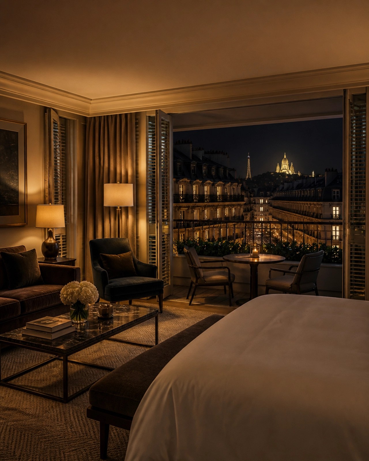 A luxury Paris hotel suite with a view of illuminated rooftops at night.