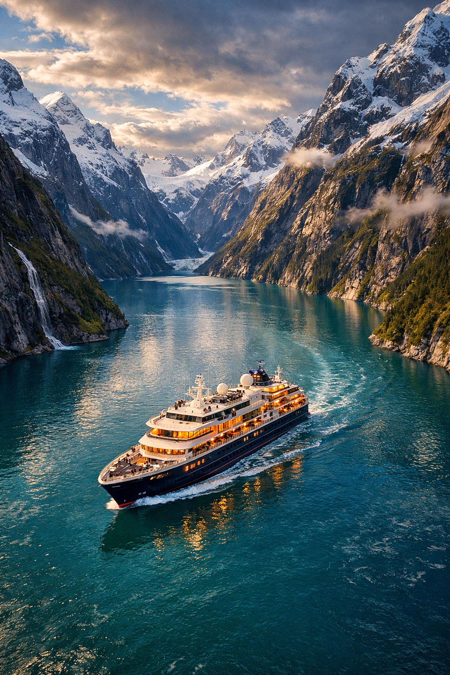 Luxury expedition ship sailing through Norwegian fjord surrounded by snow-capped mountains