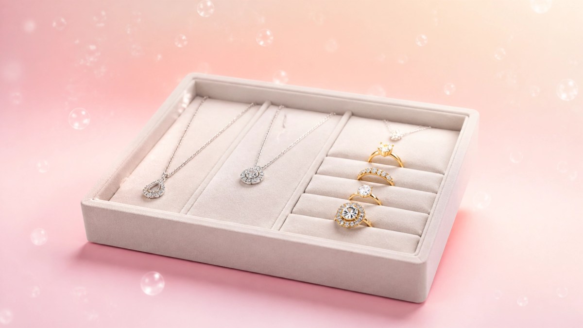 Minimalist modern jewelry display with sparkling silver and gold on a pastel background.