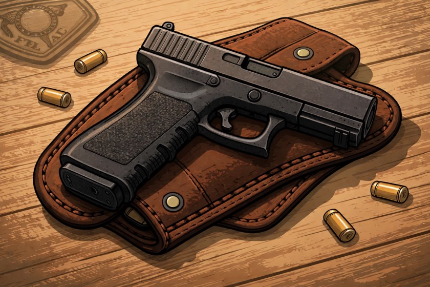Police trade-in Glock pistol on leather holster with 9mm brass - a budget-friendly used handgun