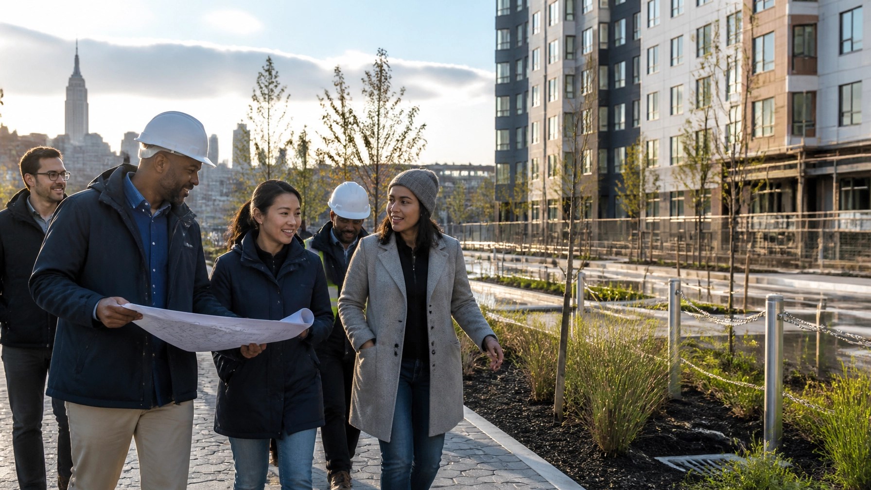 NYC brownfield cleanup team reviewing a completed site with affordable housing construction in the background
