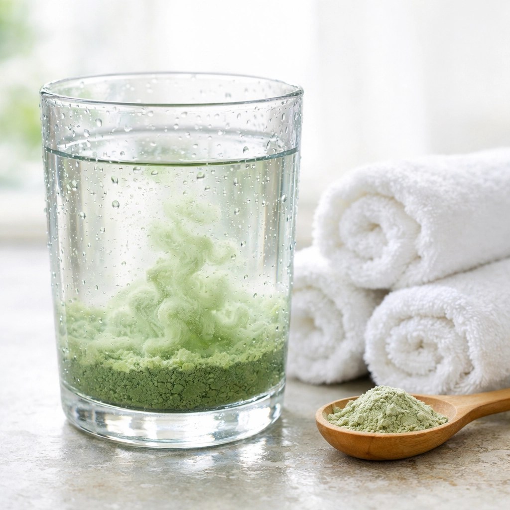 A glass of mineral water mixed with illite clay for a natural clay detox routine.