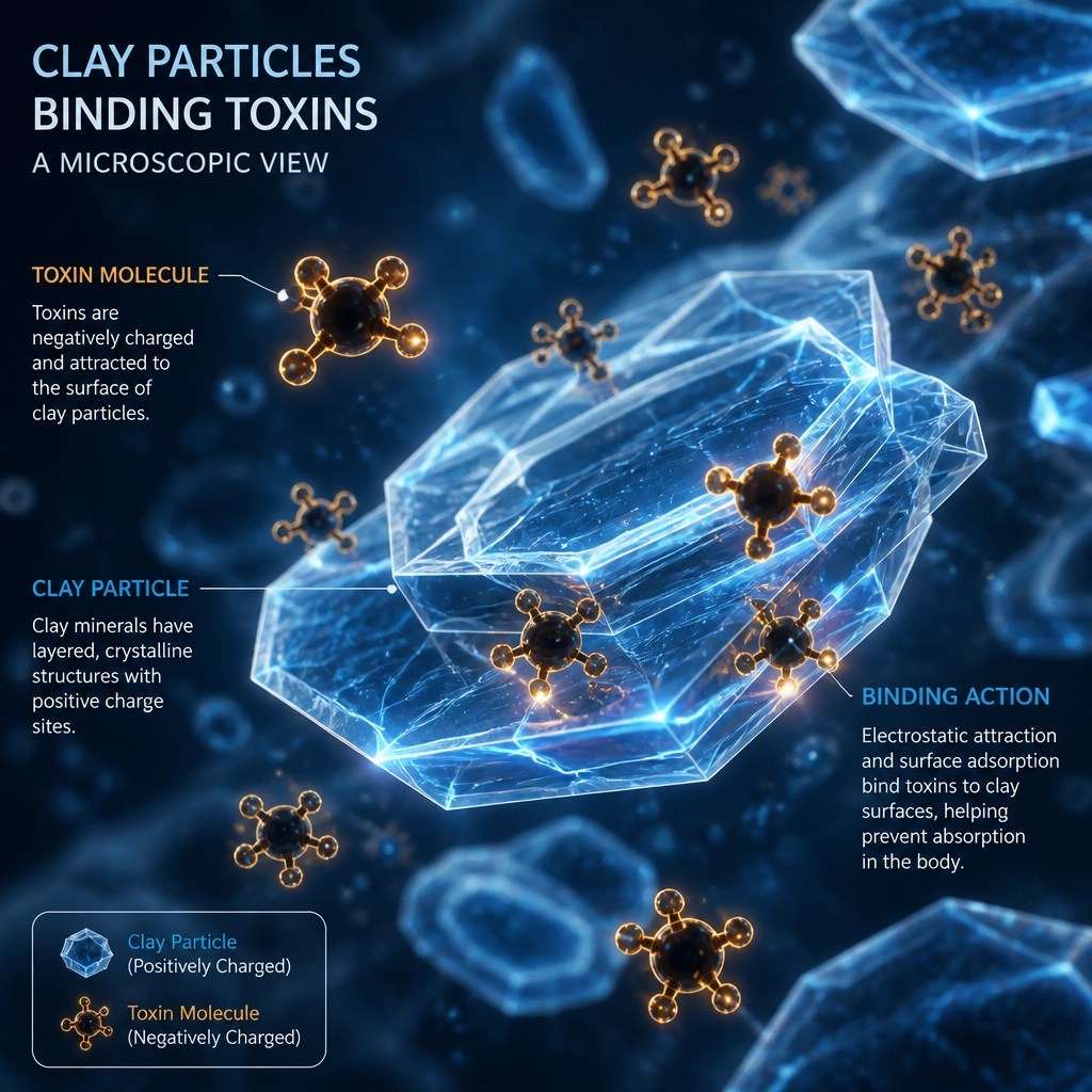 Microscopic visualization of clay particles binding toxins