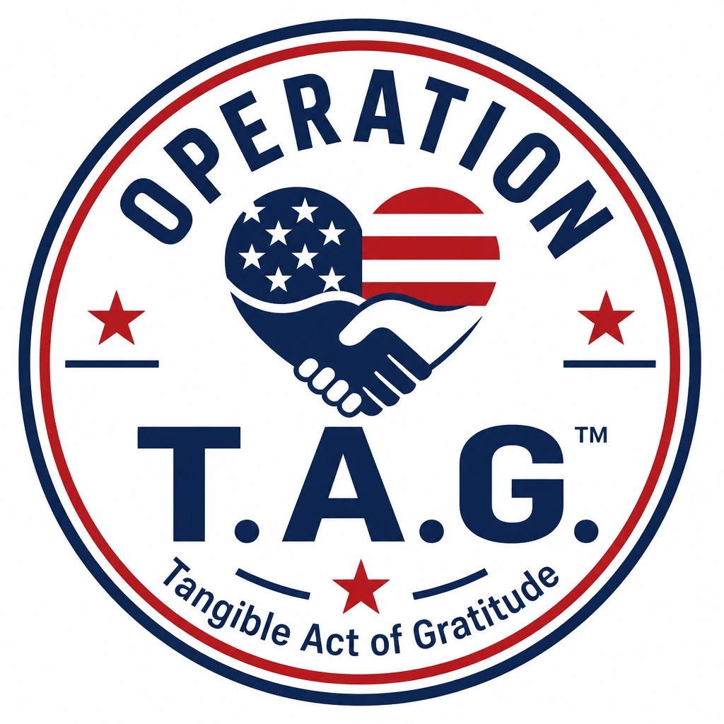 Operation T.A.G. standalone logo in a clean, professional red, white, and blue badge-style design with the tagline Tangible Act of Gratitude.