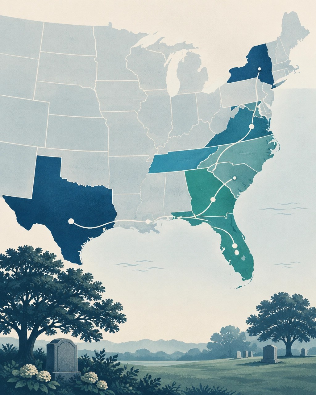 Editorial map-inspired planning illustration representing service areas and regional funeral considerations