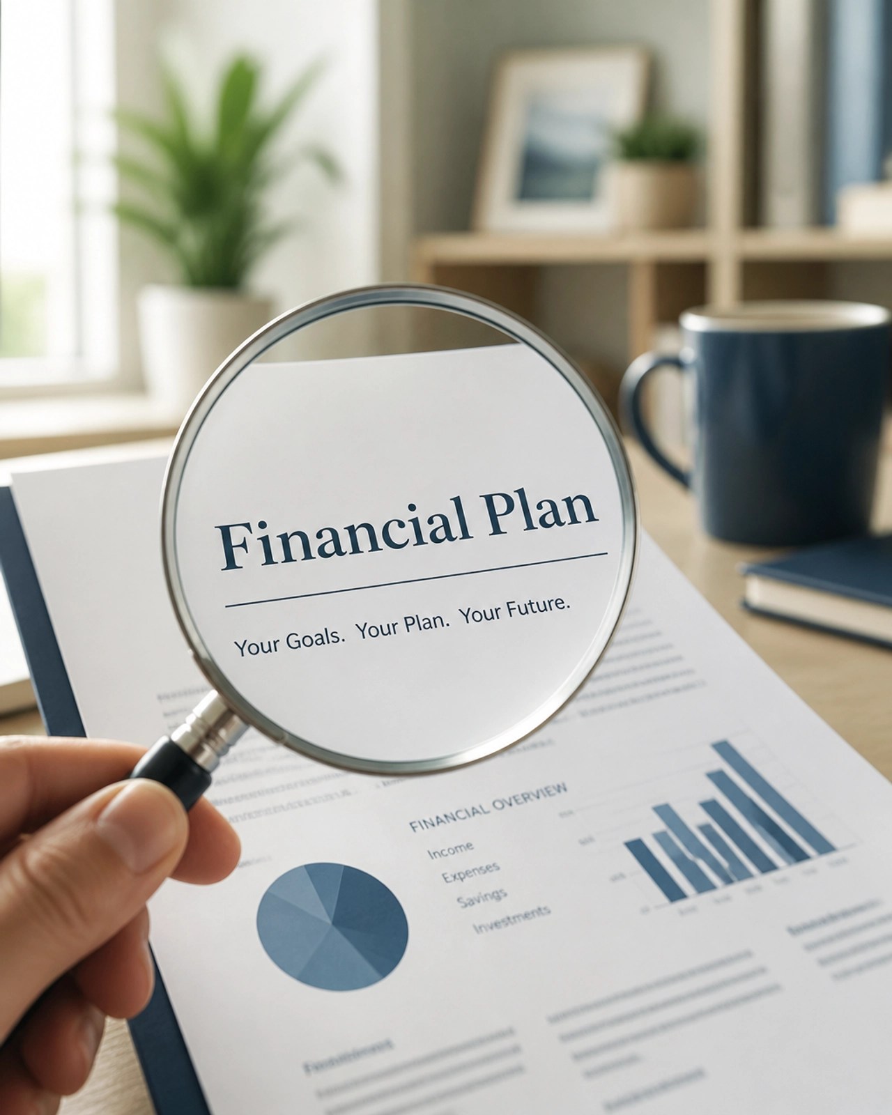 Close-up of a hand using a magnifying glass to focus on a financial plan, representing clarity.