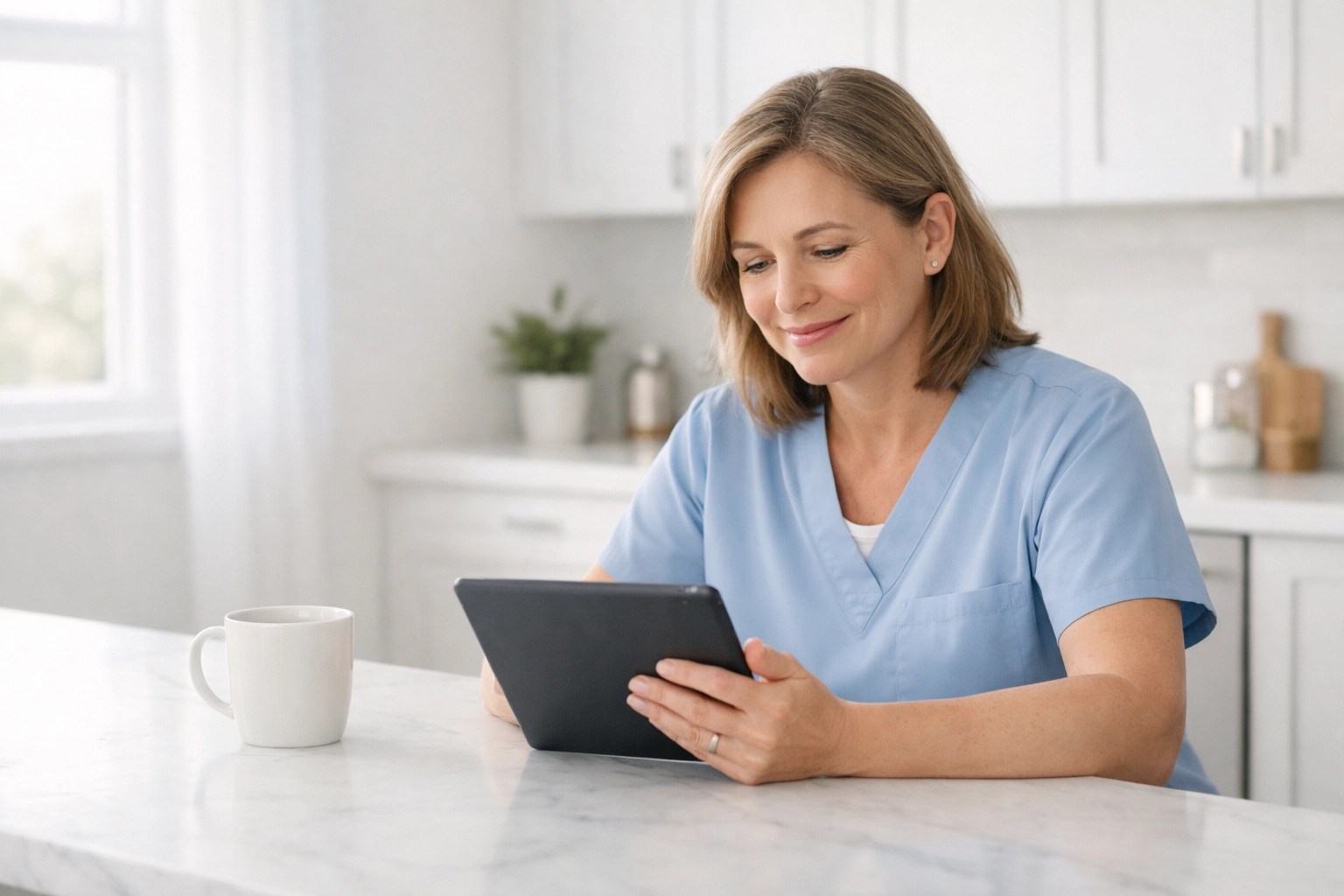 A relaxed caregiver using a tablet to book transparently priced medical transportation from home.