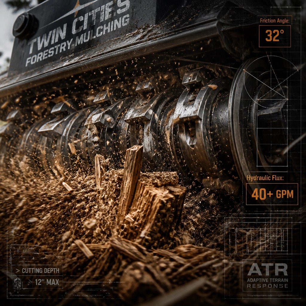 Extreme close-up of a high-energy mulcher head shredding wood. ATR CAD overlay showing 'Friction Angle: 32°' and 'Hydraulic Flux: 40+ GPM'. Localized: Twin Cities Forestry Mulching.