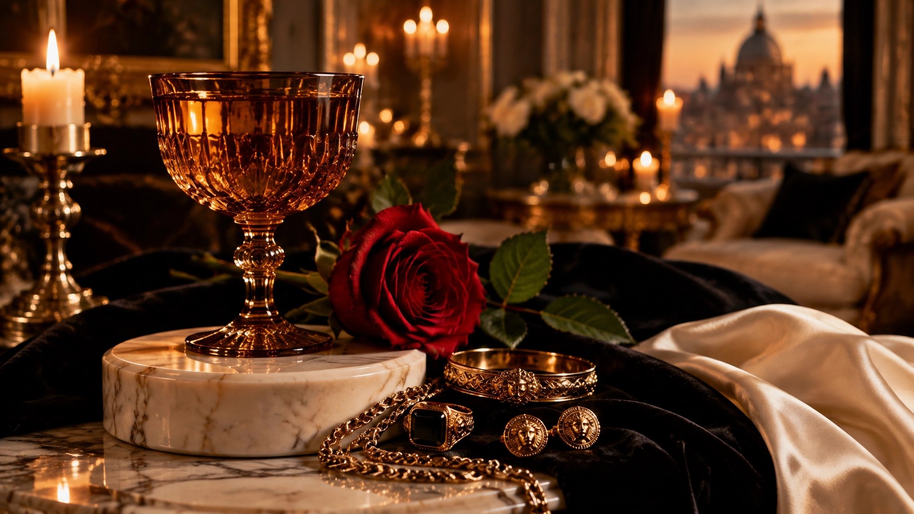 Amber glass goblet, black velvet, silk, gold, marble, and red roses for a feminine energy and manifesting love evening ritual