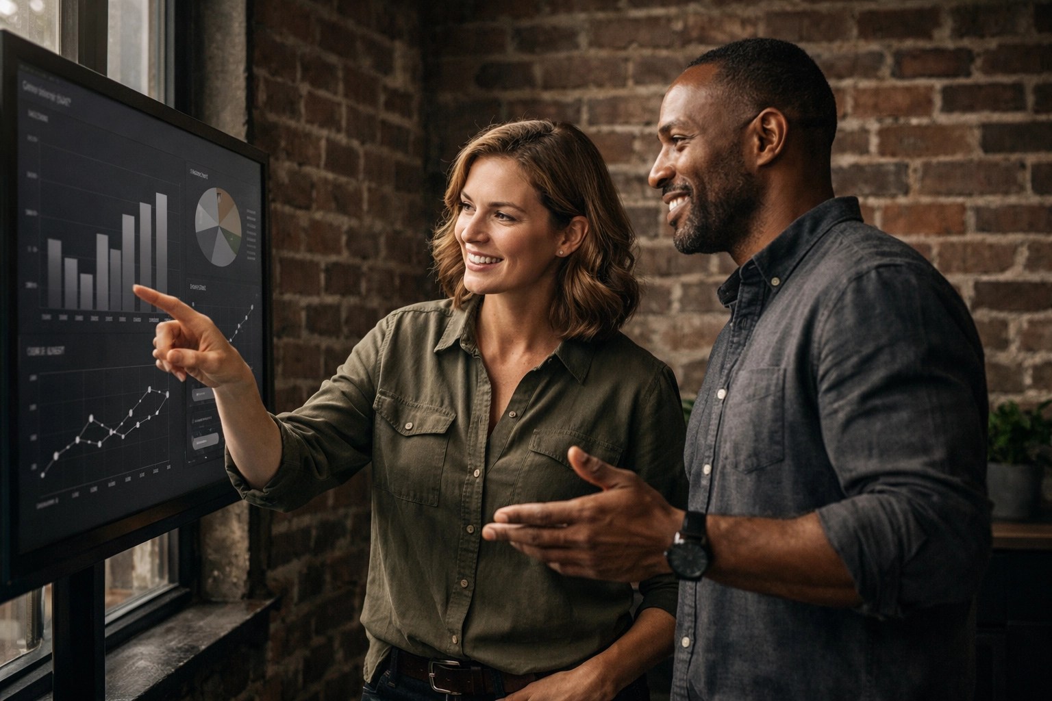 Colleagues discussing digital transformation and steps for AI implementation in a modern office.