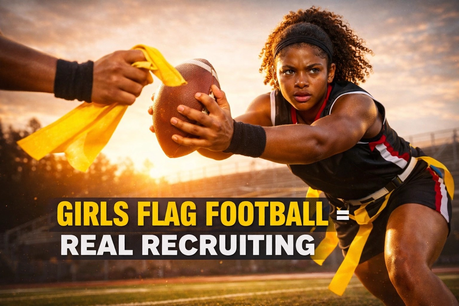 A focused female athlete competing in girls flag football in Atlanta during a sunset practice.