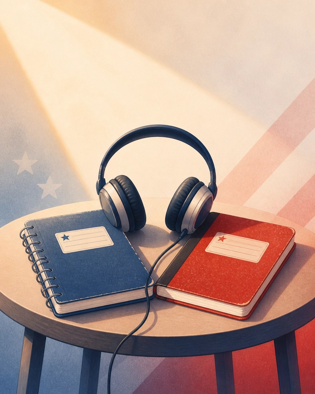 Two simple notebooks and headphones suggesting a comfortable, honest childhood friendship