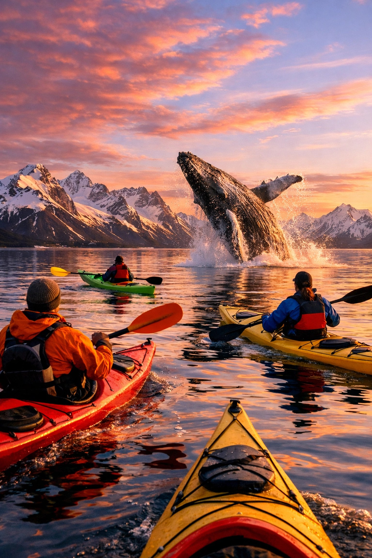 Kayakers paddling alongside breaching humpback whale in Arctic waters
