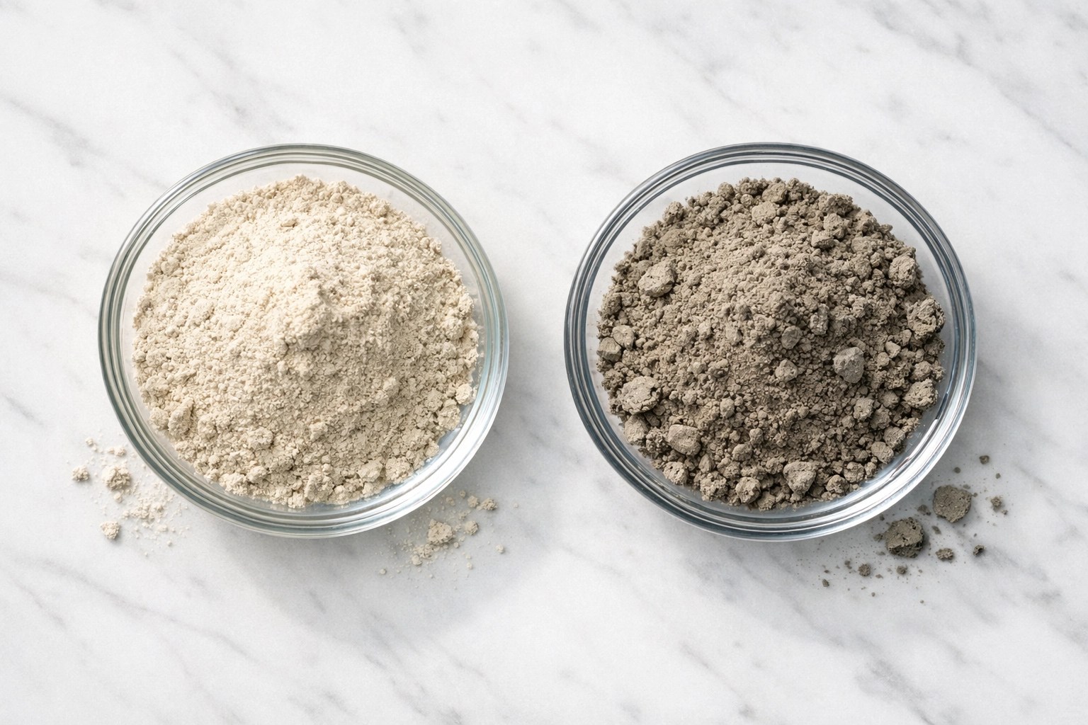 Food-grade bentonite clay powder compared to regular bentonite showing texture and purity differences