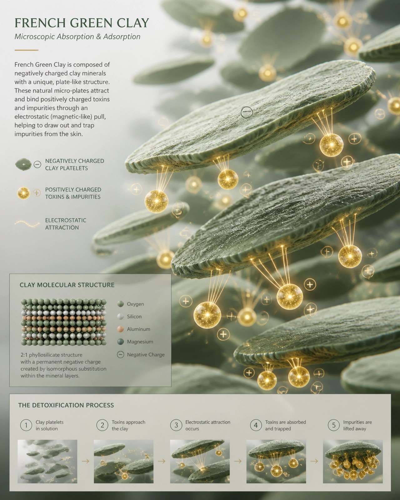 Artistic microscopic view of French green clay particles trapping glowing toxin particles through a magnetic pull.