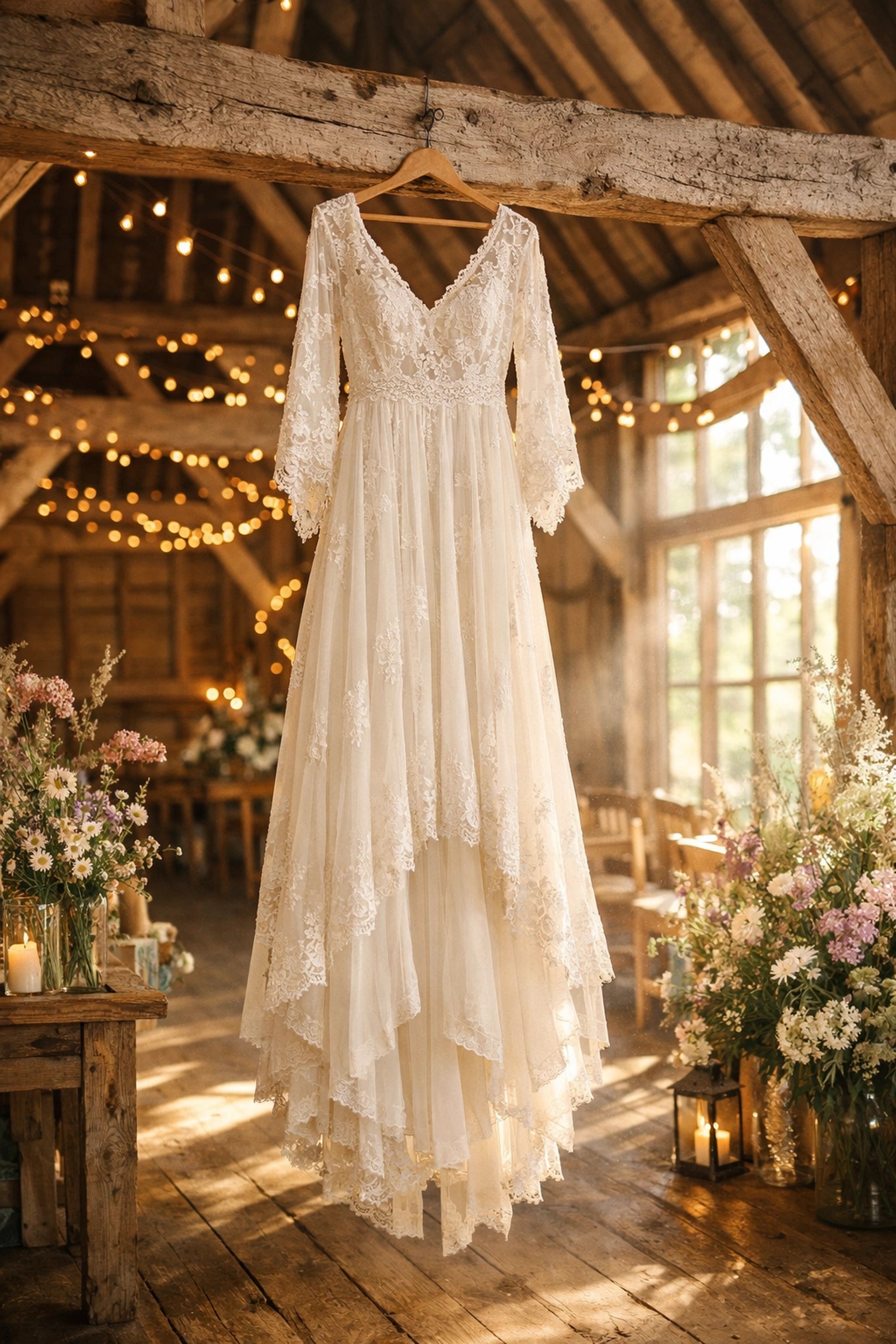 Bohemian wedding dress displayed in rustic Kent barn venue with fairy lights