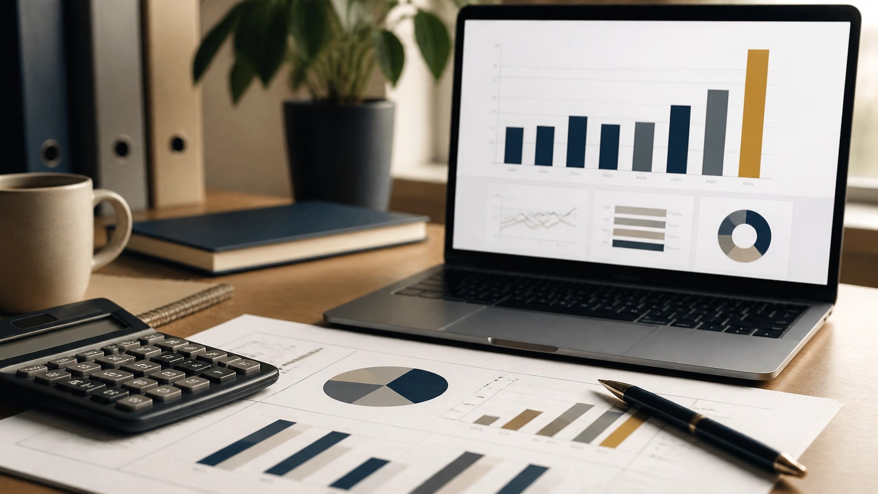 Worksheet, calculator, and abstract profit bars showing improved financial performance