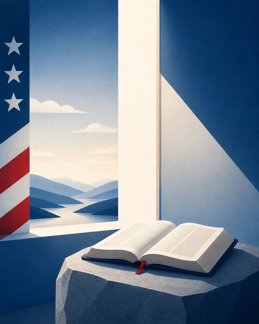 Thoughtful devotional illustration of an open Bible beside a stone and calm light, symbolizing Scripture, prayer, and God’s steady presence