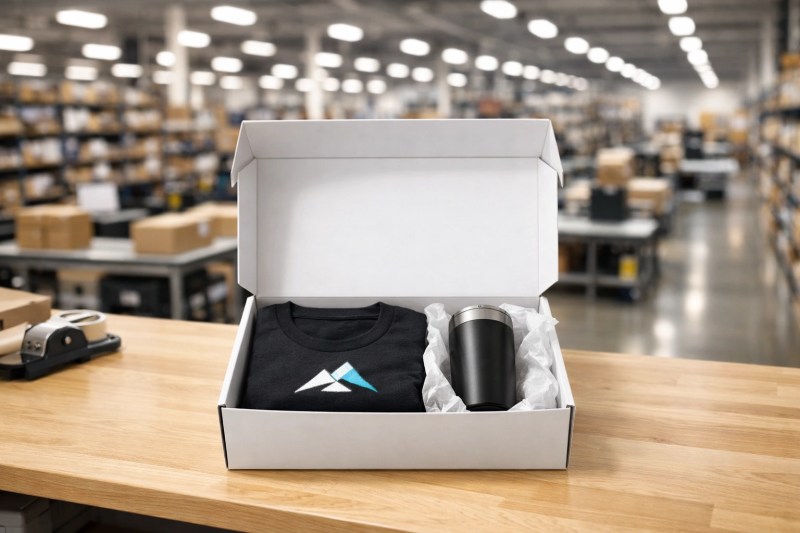 Modern uniform fulfillment center packing custom apparel and promotional products for shipping.