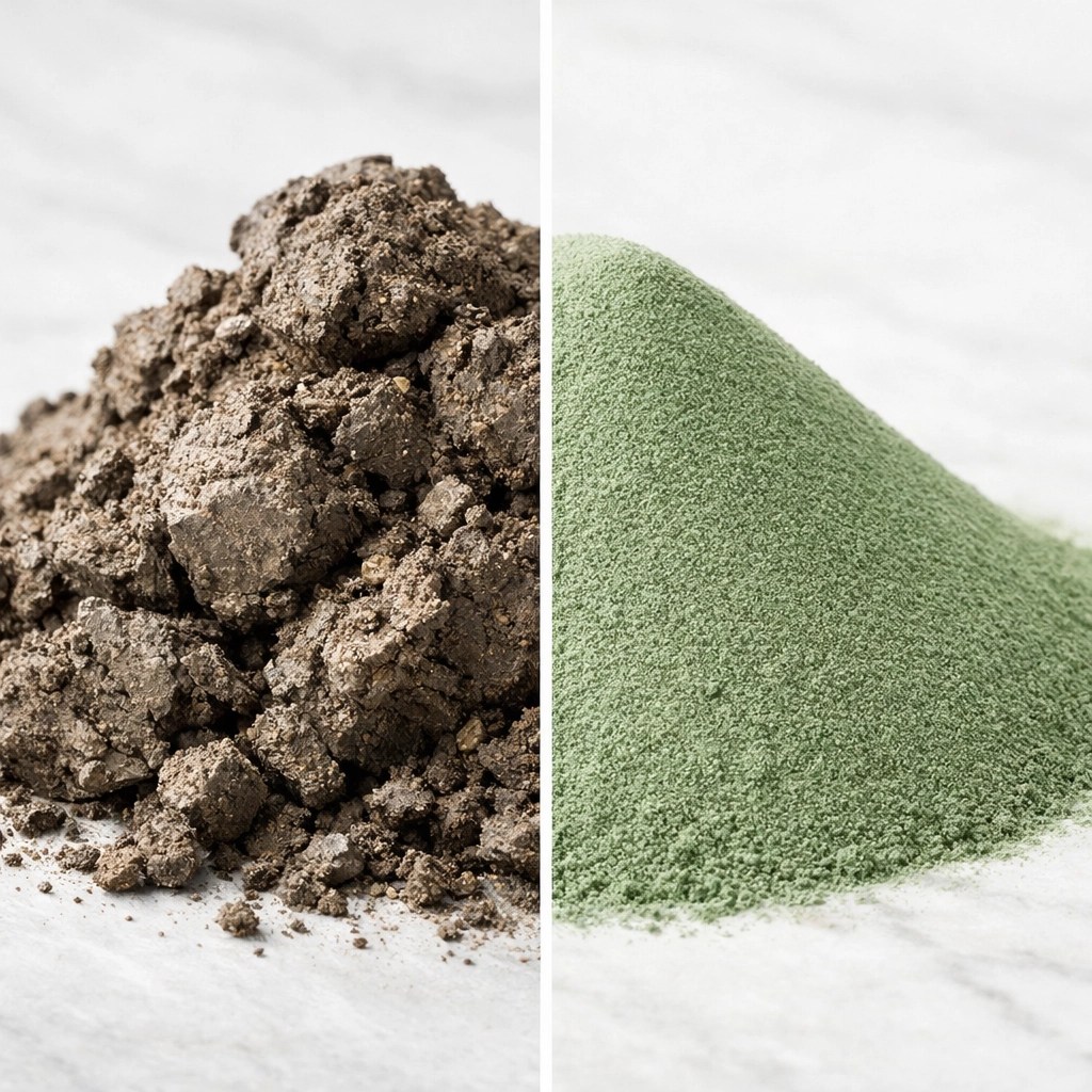 Comparison of gritty raw clay and smooth, ultra-fine food grade green clay for high-purity natural healing.