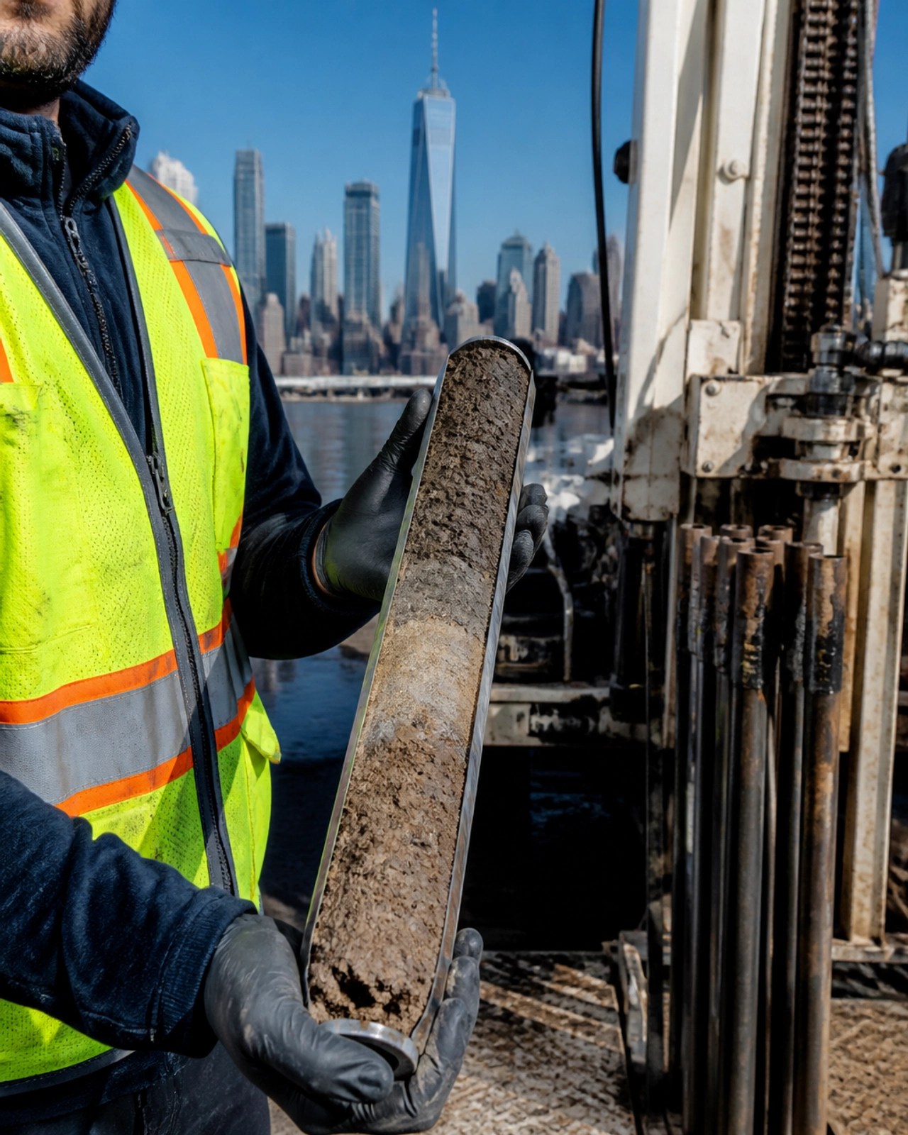 Field engineer holding a soil core sample on a brownfield site