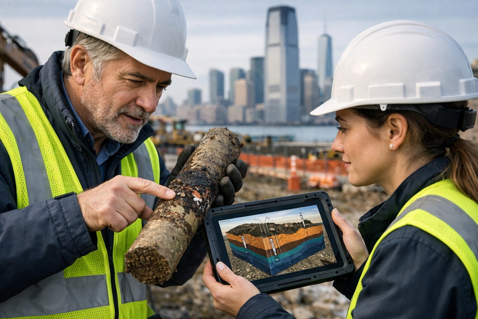 Geotechnical engineers analyzing a soil core sample for urban fill at a New Jersey redevelopment site.