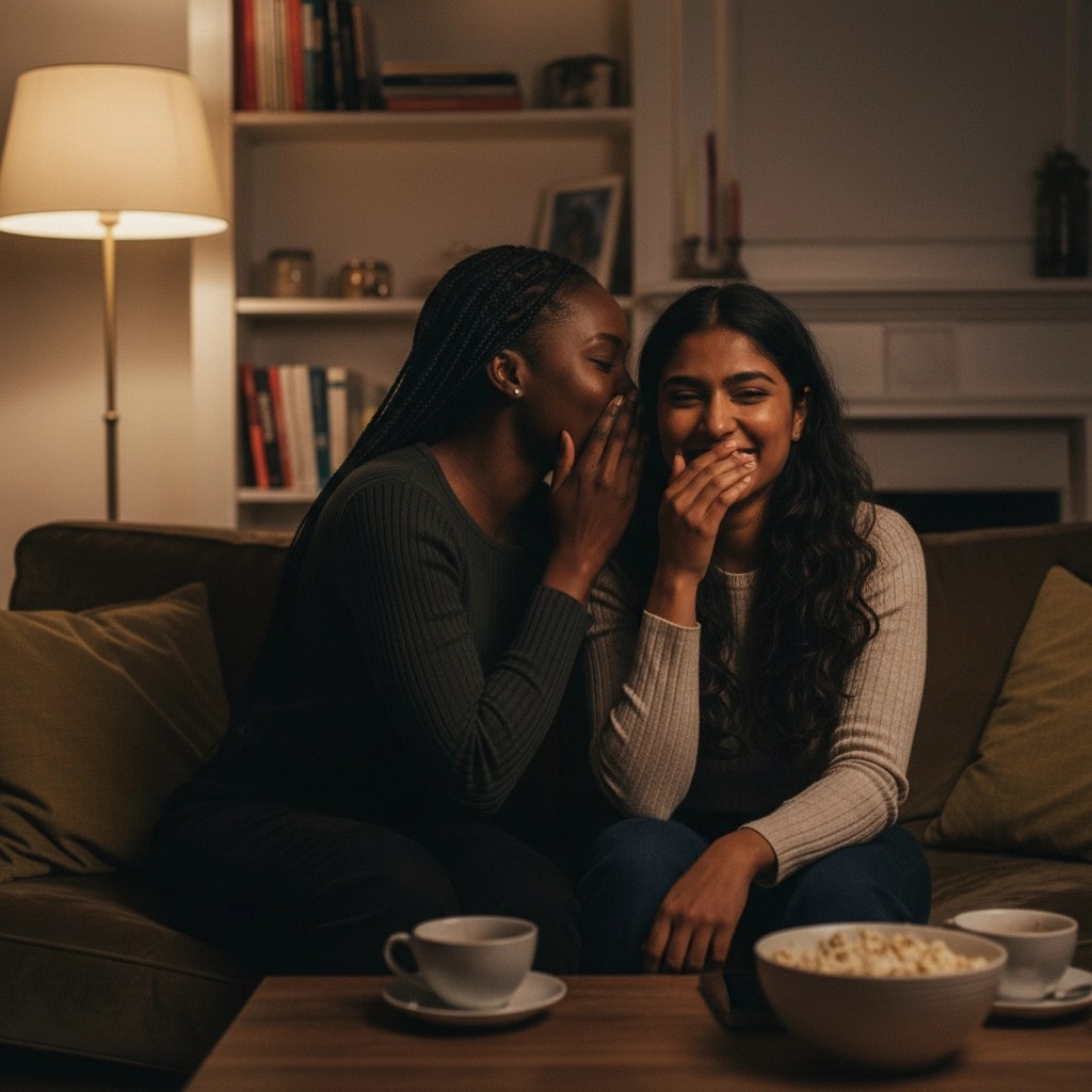 Two close friends on a sofa sharing a secret – warm, intimate, subtle tension; dark- and brown-skinned women