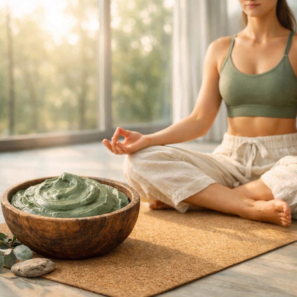 Person in a serene yoga pose next to a bowl of French green clay for natural post-practice recovery.
