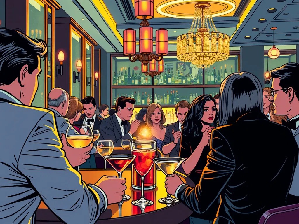 Business professionals engaging in networking conversations in an upscale bar lounge.