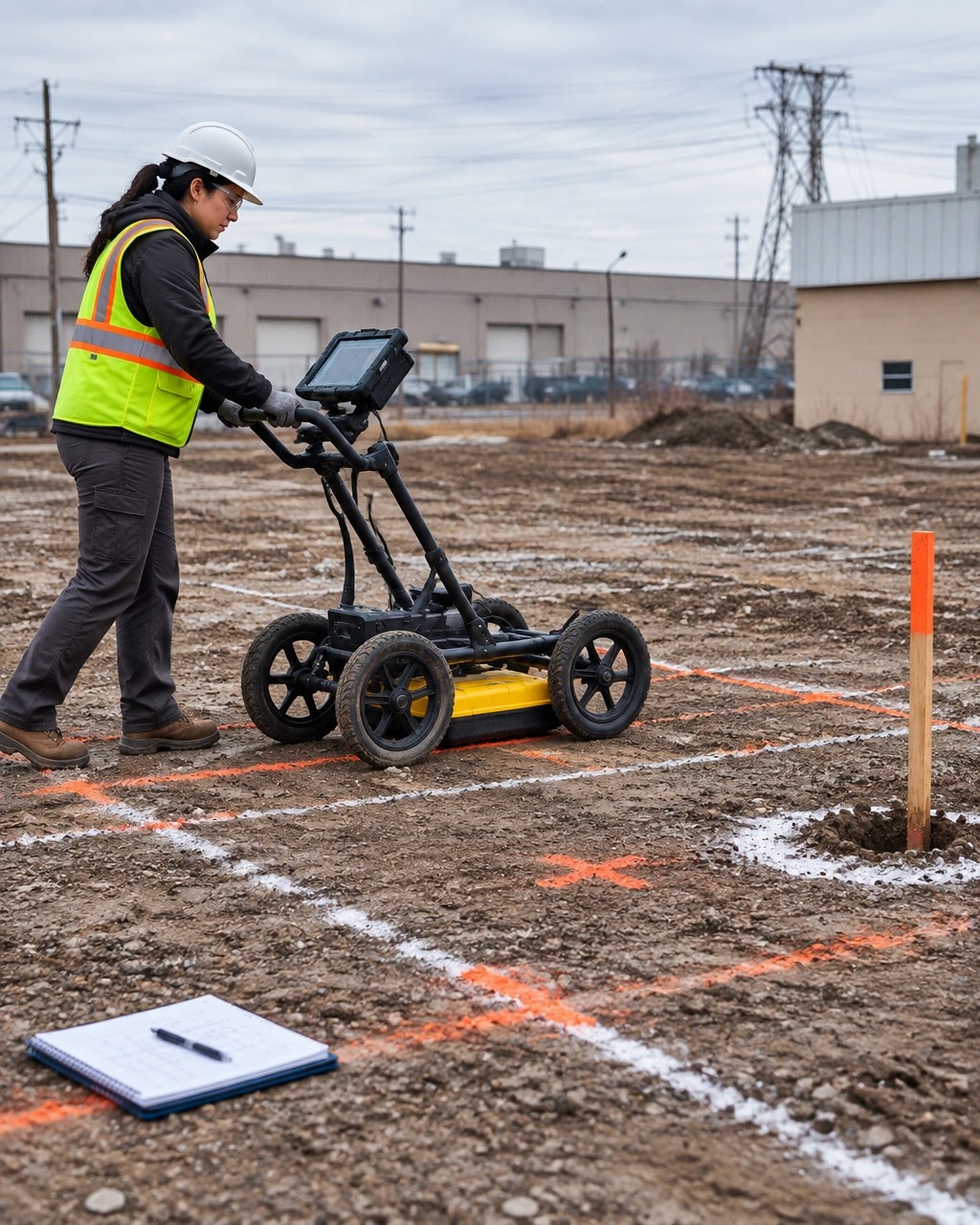 Field technician operating a ground penetrating radar cart across a marked Phase II boring grid