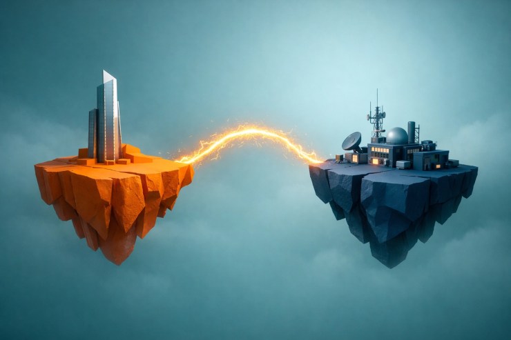 Golden energy bridging two islands, representing the alignment of sales and marketing teams.