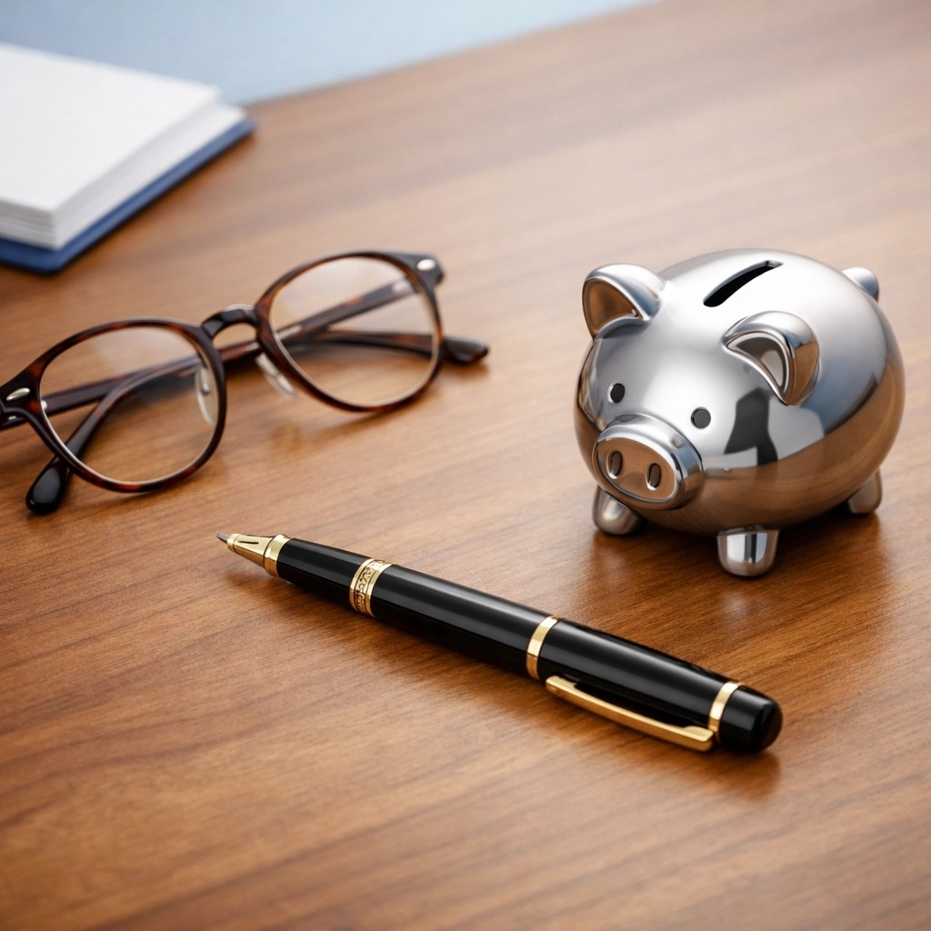 A piggy bank and reading glasses on a desk, symbolizing savings from locked-in final expense plan rates.