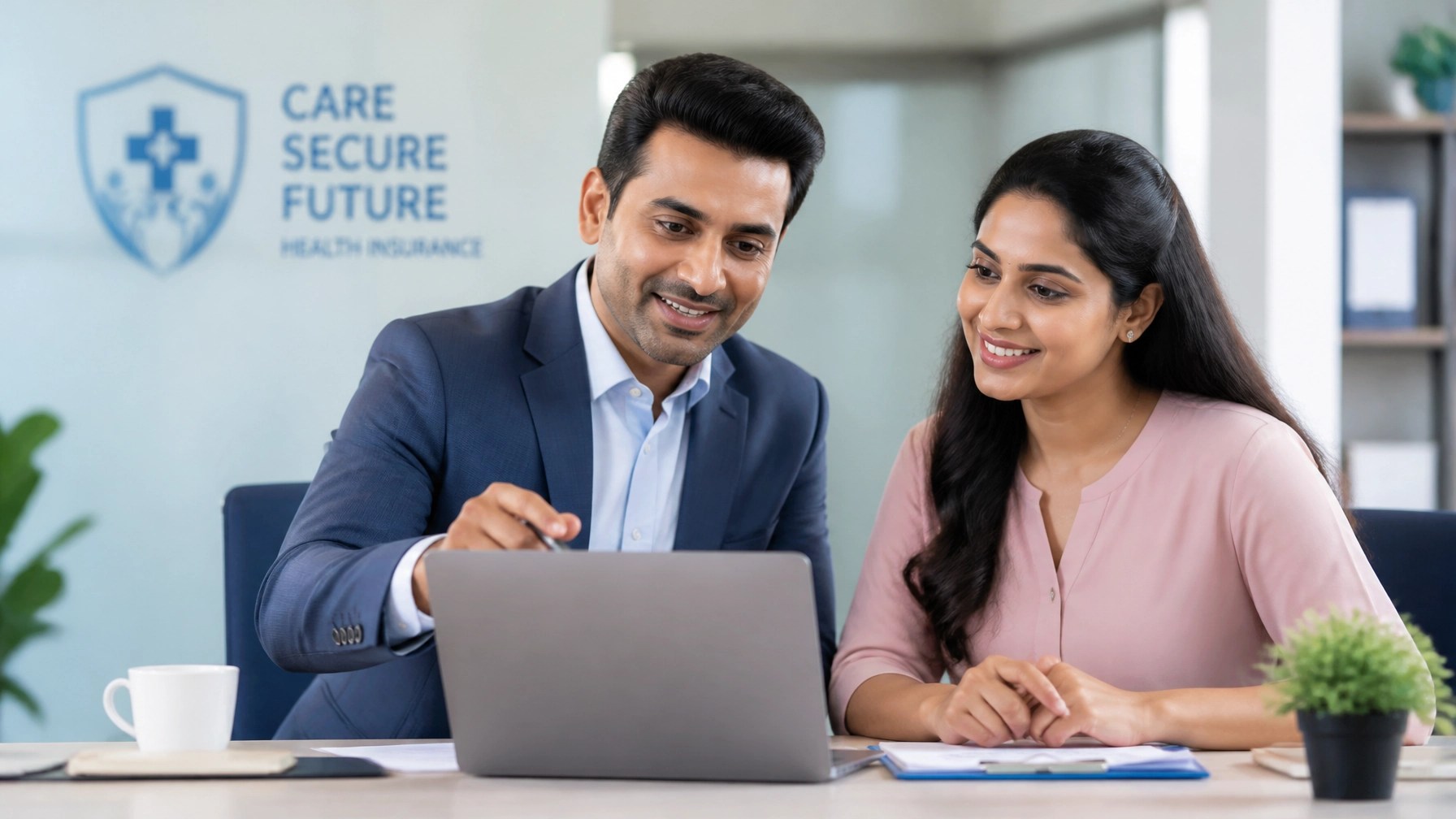 A friendly insurance advisor helping a client review healthcare plans on a laptop
