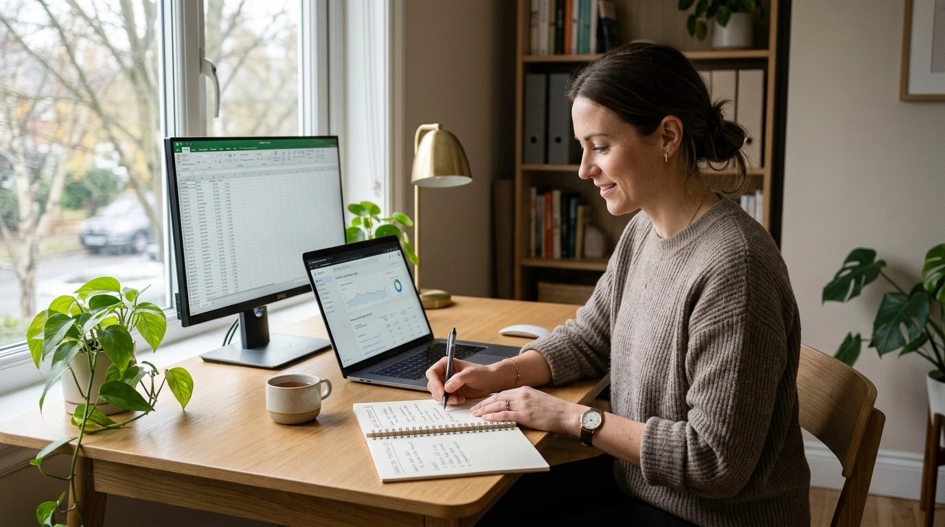 Professional reviewing marketing priorities on a computer. weekly marketing movement