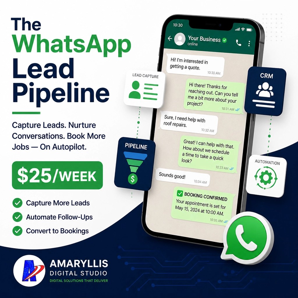 Catalog graphic for the WhatsApp Lead Pipeline service, showing $25 per week pricing and key benefits.