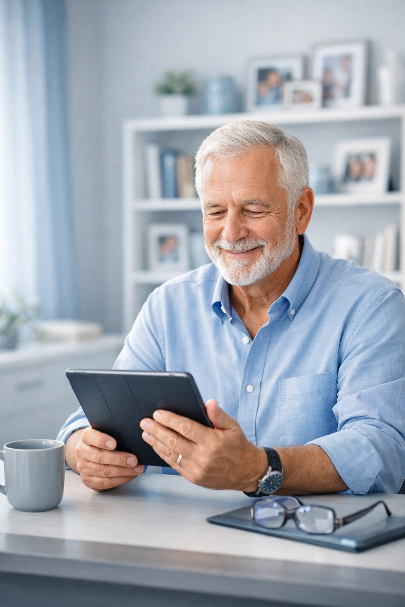 Senior man comparing life insurance quotes on a tablet to find affordable final expense coverage.