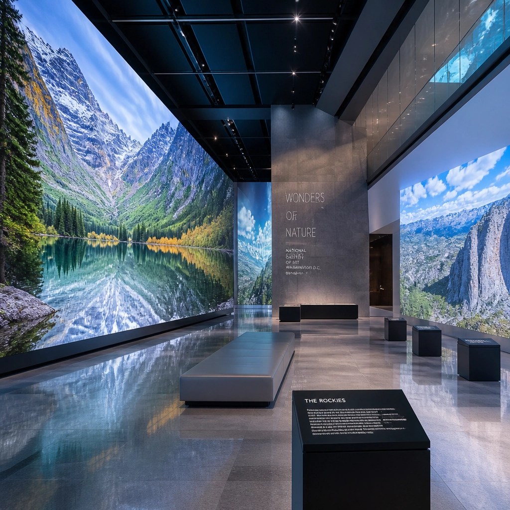 An ultra-modern museum interior with immersive projection walls displaying natural landscapes.
