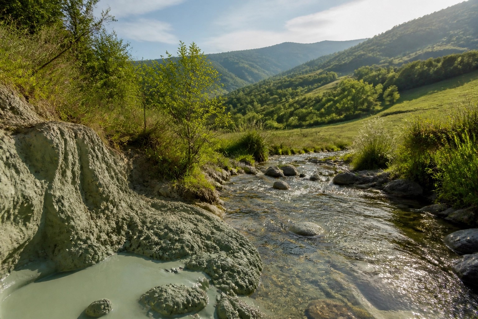 Natural French green clay deposit along a stream in a sun-drenched valley, showing the mineral's pure origin.