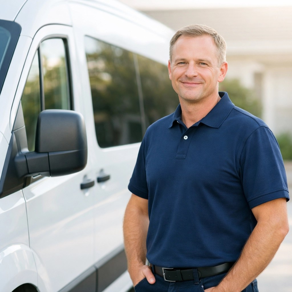 Professional medical transport driver standing by a modern white vehicle for reliable patient pickup.