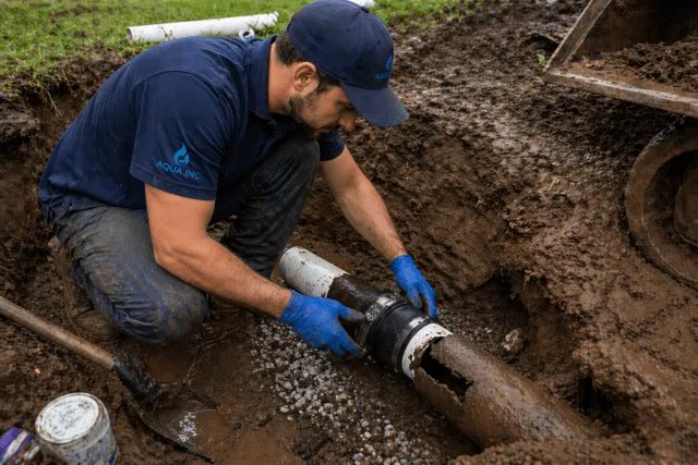 Aqua Inc. technician repairing a broken underground sewer line using trenchless technology. The technician, in a branded uniform and gloves, ensures safe and professional pipe connection.