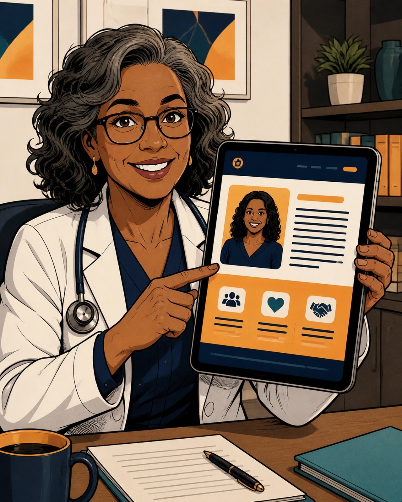 A clinician pointing at a section of a website displayed on a tablet, highlighting an inclusive About Me section