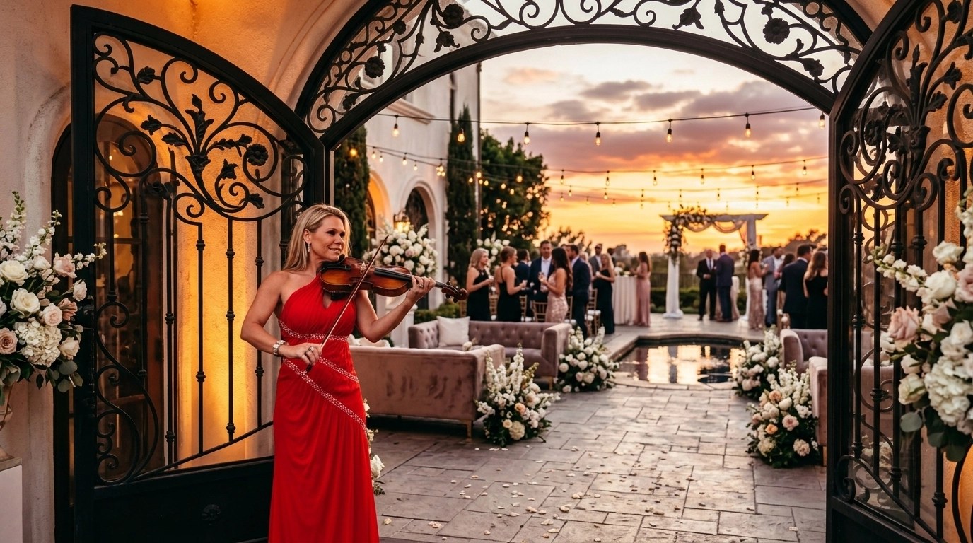 A high-end luxury wedding venue at sunset with an elegant violinist in a red gown
