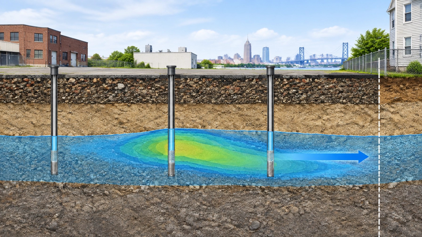 Technical cross-section showing historic fill, groundwater migration, and property boundaries